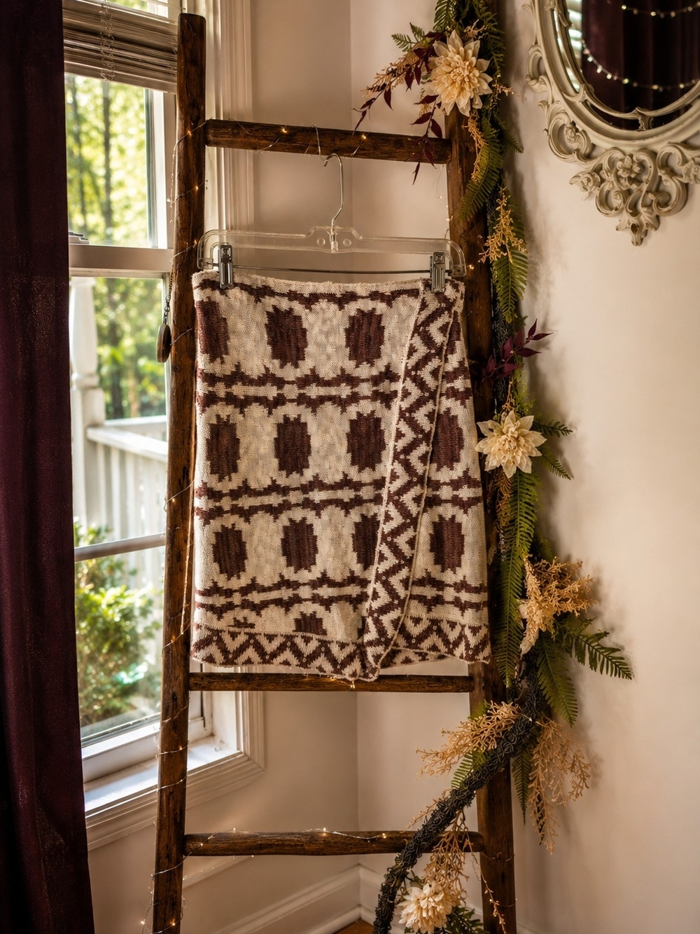 Free People Cream & Brown Knit Mini Skirt with Geometric Pattern